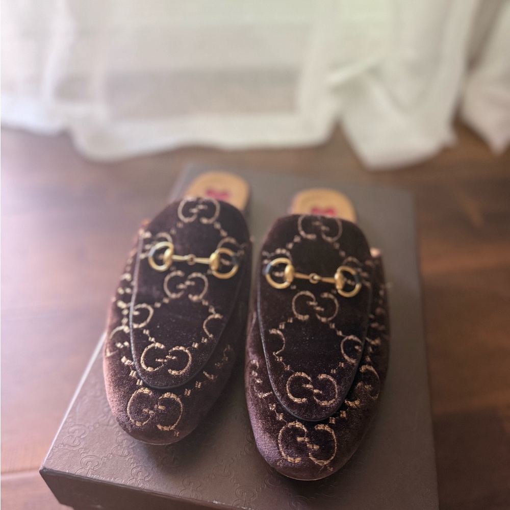 Gucci Dark Brown Velvet Loafers with Gold Detailing